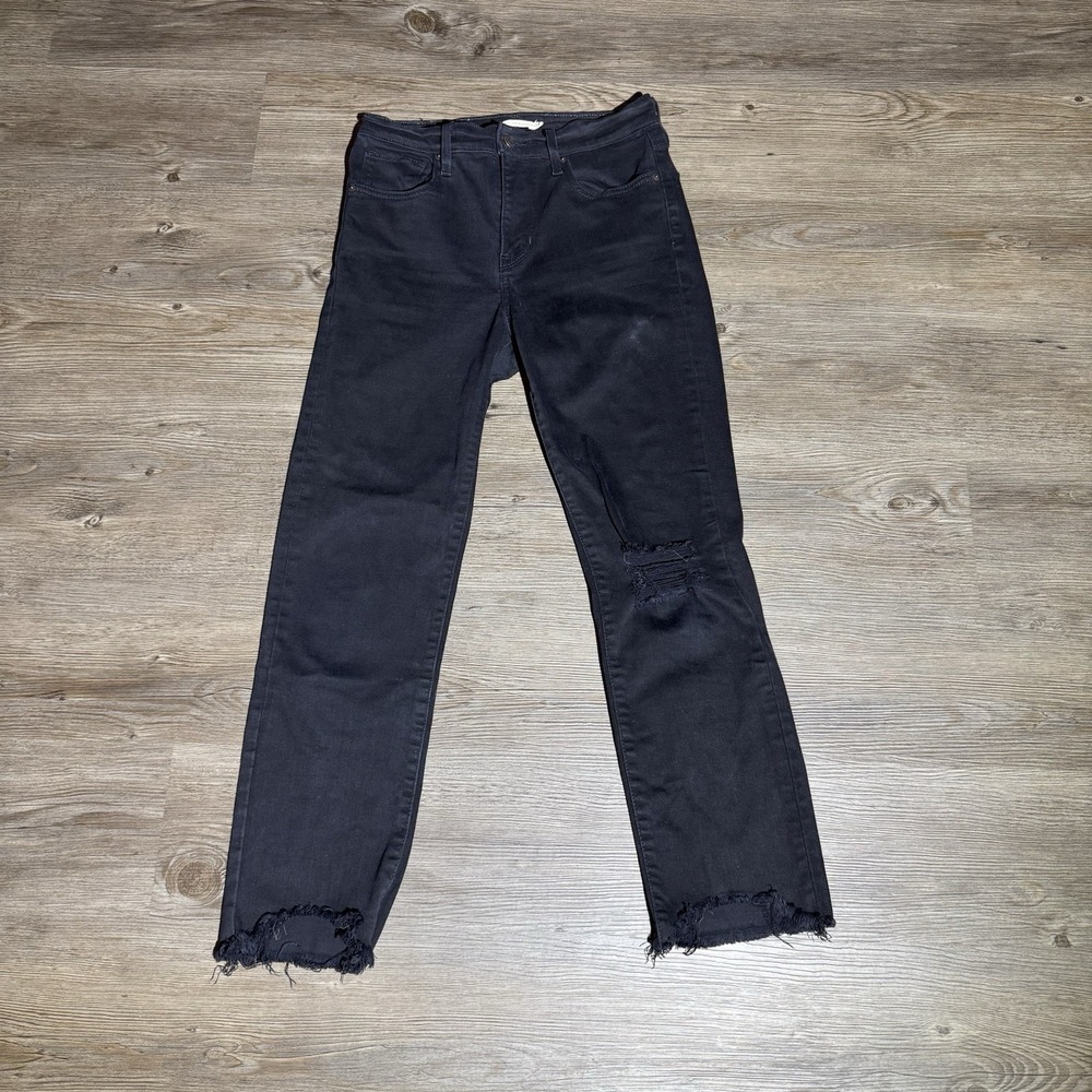 Levi's 724 Straight Crop Jeans Black Pixel size 26 Distressed Raw Hem Big E